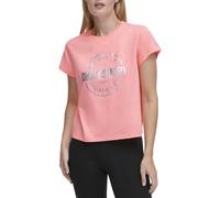 DKNY Women's Metallic Athletic Medallion Logo Cropped tee Atomic Pink Medium, Atomic Pink, M
