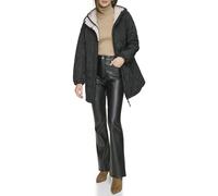 DKNY Zip Front Quilted Coat with Hood Colcha, Black, S De Las Mujeres