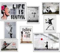DKORARTE Set 8 cuadros base madera Decoración Salón Modernos, Dormitorios, Habitación, Banksy con colgadores metálicos, (2x 38 x 29 cm ; 6x 29 x 20 cm)