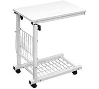 DlandHome - Carro de mesa de cama ajustable en altura 56 ~ 76 cm de altura pequeña mesa baja con ruedas mesa auxiliar en forma de U con cesta soporte para ordenador portátil para lectura, color blanco