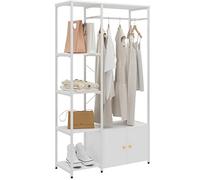 DlandHome Perchero para almacenaje de ropa, armario abierto con estantes y armario de acero y MDF,percheros con zapateros, bolsas para sala de estar, dormitorio, tiendas de 180 cm, color blanco (CCR)