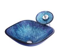 DLAZUM Lavabo de baño, Lavabo Redondo de Vidrio Templado con Grifo Tipo Cascada, instalación sobre encimera, Lavabo con desagüe emergente y Anillo de Montaje A