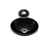DLAZUM Lavabo de baño, Lavabo Redondo de Vidrio Templado Negro con Anillo de Montaje para Grifo y desagüe, Lavabo de baño Moderno Pintado a Mano B