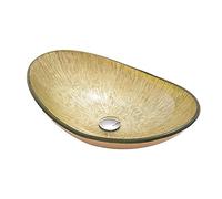 DLAZUM Lavabo de baño sobre encimera, Lavabo de Vidrio Templado para tocador, Lavabo Ovalado con Rayas en la Parte Superior, Lavabo con desagüe y Anillo de Montaje, Color Dorado, con,Gold-Basin Only