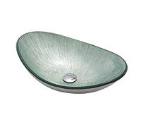DLAZUM Lavabo de baño sobre encimera, Lavabo de Vidrio Templado para tocador, Lavabo Ovalado con Rayas en la Parte Superior, Lavabo con desagüe y Anillo de Montaje, Color Dorado, con,Green-Basin Only