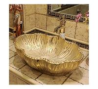 DLAZUM Lavabo de baño único con Forma de Hoja de Loto Lavabo de baño de cerámica Lavabo de tocador sobre encimera Lavabo de baño Golden Art