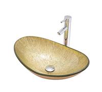 DLAZUM Lavabo de encimera para baño, Lavabo de encimera de Vidrio Templado Estilo artístico, con Grifo y desagüe emergente, Incluyendo Anillos de Montaje.,A-B