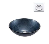 DLAZUM Lavabo Redondo de Vidrio Templado sobre encimera, diseño artístico de Cielo Estrellado, con Grifo Tipo Cascada y desagüe emergente, Color Azul, 42 cm x 14,5 cm.