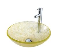 DLAZUM Lavabo Redondo para baño, Lavabo de encimera de Vidrio Templado, Lavabo de tocador Moderno con desagüe y Anillo de Montaje, Color Rojo, Solo Lavabo.,Yellow-with Tap