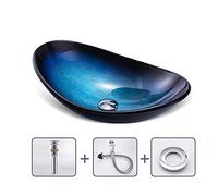 DLAZUM Lavabo sobre encimera de Vidrio Templado con Degradado Azul y Negro, diseño artístico, Forma de Huevo, patrón de Piedra, Lavabo Combinado con Grifo, desagüe emergente, 21.2