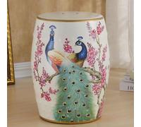 DLAZUM Taburete Decorativo de cerámica para jardín, con Forma de Tambor, esmaltado y Hueco, con Pinturas de Pavos Reales, Ideal para terrazas, Patios y cabañas.,White