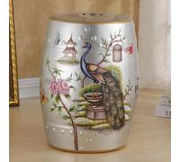 DLAZUM Taburete Decorativo de cerámica para jardín, con Forma de Tambor, esmaltado y Hueco, con Pinturas de Pavos Reales, Ideal para terrazas, Patios y cabañas.,Silver