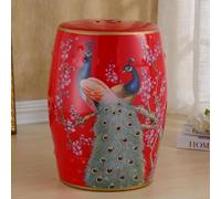 DLAZUM Taburete Decorativo de cerámica para jardín, con Forma de Tambor, esmaltado y Hueco, con Pinturas de Pavos Reales, Ideal para terrazas, Patios y cabañas.,Red