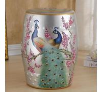 DLAZUM Taburete Decorativo de cerámica para jardín, con Forma de Tambor, esmaltado y Hueco, con Pinturas de Pavos Reales, Ideal para terrazas, Patios y cabañas.,Silver 1