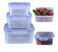 DLBTWDOYLS 3 recipientes de alimentos con filtros, caja organizadora de nevera con tapa hermética y cesta de filtro de agua extraíble, caja de almacenamiento de frutas y verduras de cocina (azul)