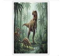 DLERFLOVR Arte Mural en Lienzo Selva Primigenia Cuadros Decorativos Tyrannosaurus Rex Ankylosaurus Póster de Arte Pintura Sobre Lienzo Decoración De Pared para Salón Habitación Infantil Baño, 60x90cm
