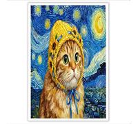 DLERFLOVR Cuadro en Lienzo Pintura Al Óleo De La Noche Estrellada Arte Mural en Lienzo Retrato De Gato Cuadros Decorativos Para Salón Habitación Infantil Oficina Galería Decoracion Pared, Azul