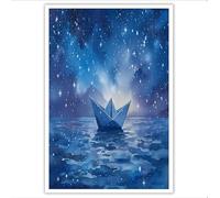 DLERFLOVR Cuadros Decoración Pared Barcos Pap Navegando Por Océano - 70x100cm Posters Para Pared Pintura Minimalista Acuarela Cuadro Sobre Lienzo Para Salon Dormitorios Comedor Pasillo, Azul Oscuro
