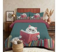 DLERFLOVR Edredón Relleno Nórdica Reversible de Dos Colores Cama 150 Edredon 4 Estaciones Lectura del Gato Blanco Suave y Transpirable Nórdico Invierno con 2 Fundas Almohada, 240x220cm, Azul Verdoso