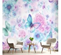 DLERFLOVR Fotomurales Estilo De Ensueño 350x250cm Papel Pintado Mariposas Y Flores En Acuarela Papel Tapiz Fotográfico 3D Decoración De Pared Moderno para Salon Dormitorio Oficina Cuarto, Azul