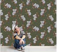DLERFLOVR Fotomurales Pared Koala De Ramita 450x315cm Papel tapiz fotográfico Animales De Dibujos Animados Papel pintado Panorámico Decoración De Pared para Cuarto de Niño, Salón, Sala, Verde Oliva