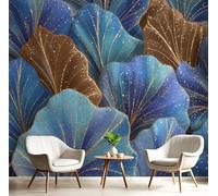 DLERFLOVR Fotomurales Plantas Abstractas 150x105cm Papel Pintado Hojas De Lunares Dorados Papel Tapiz Fotográfico 3D Decoración De Pared Moderno para Salon Dormitorio Oficina Cuarto, Azul Oscuro