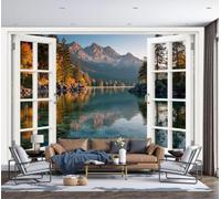 DLERFLOVR Fotomurales Vista Los Lagos Las Montañas Nevadas Desde Ventana, 250x175cm Papel Pintado en Tejido Seda Bosque Otoñal Decoración de Pared Fotográficos Para Comedor TV Fondo de Pared