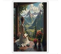 DLERFLOVR Lienzos Decorativos Mujer Con Vestido Blanco Cuadro Sobre Lienzo Refugio Alpino, 60x90cm Lienzos Pared Imágenes Cuadros Decoracion para Salon Dormitorio Cocina Estudio de Estudio, Verde