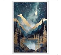 DLERFLOVR Lienzos Decorativos Vista Nocturna Montañas Y Bosques Cuadro Sobre Lienzo Paisaje Montaña Y Agua, 60x90cm Lienzos Pared Imágenes Para Salon Dormitorio Estudio de Estudio, Azul Oscuro