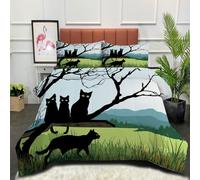 DLERFLOVR Nórdico Invierno Montañas Y Praderas Suave Ligero Edredón Rama del Gato Negro Cama 90 135x200cm Relleno Nordico Caliente y Cómodo - Transpirable, Lavable a Máquina, Verde