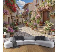 DLERFLOVR Papel Pared Panorámico Calle Pastoral Papel Pintado de Seda Arquitectura Romántica De Flores Y Piedra Póster Gigante 3D Decorativos de Pared para Salón Dormitorio Pasillo, 250x175cm, Crema