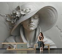 DLERFLOVR Papel Pared Panorámico Escultura De Yeso Papel Pintado de Seda Mujer Con Sombrero Póster Gigante 3D Decorativos de Pared para Salón Dormitorio Pasillo, 450x315cm, Gris Claro