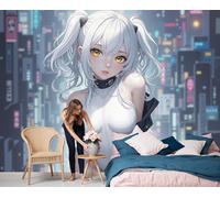 DLERFLOVR Papel Pared Panorámico Estilo Anime/Ciencia Ficción Papel Pintado de Seda Chica Japonesa Con Coletas Póster Gigante 3D Decorativos de Pared para Dormitorio Pasillo, 250x175cm, Gris