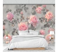 DLERFLOVR Papel Pared Panorámico Estilo Romántico Y Suave Papel Pintado de Seda Hojas De Rosa Póster Gigante 3D Decorativos de Pared para Salón Dormitorio Pasillo, 300x210cm, Gris Claro