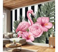 DLERFLOVR Papel Pared Panorámico Estilo Tropical Papel Pintado de Seda Flamencos Y Hojas De Palmera Póster Gigante 3D Decorativos de Pared para Salón Dormitorio Pasillo, 350x250cm, Rosa