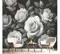 DLERFLOVR Papel Pared Panorámico Hiperrealismo Papel Pintado de Seda Rosas Blancas Y Negras Póster Gigante 3D Decorativos de Pared para Salón Dormitorio Pasillo, 350x250cm, Gris