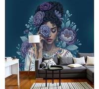DLERFLOVR Papel pintado de Seda Chica Con Cabello De Flores, 450x315cm Papel Tapiz Fotográfico Estilo Étnico Exótico Fondo De Pantalla Decoración De Pared para Salón Dormitorio Comedor, Azul Marino