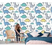DLERFLOVR Papel pintado de Seda Dinosaurio De Dibujos Animados, 400x280cm Papel Tapiz Fotográfico Ilustraciones Infantiles Fondo De Pantalla Decoración De Pared para Salón Dormitorio Comedor, Azul