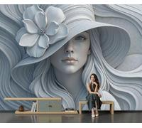 DLERFLOVR Papel Pintado de Seda Escultura Retro, 350x250cm Fotomurales Mujer Con Sombrero De Copa Papel Tapiz Fondo De Pantalla XXL Decoración de Pared para Domitorio, Salón y Oficina, Gris Claro