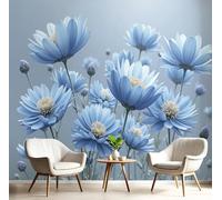 DLERFLOVR Papel Pintado Estilo Morandi Papel Tapiz Fotográfico Campo De Amapolas De Ensueño Papel de Pared Sala Póster Fotomurales Decoración De Pared para Salón Dormitorio Comedor, 350x250cm, Azul