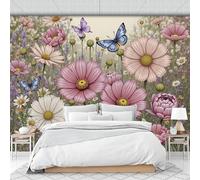 DLERFLOVR Papel Pintado Flores Y Mariposas Fotomurales Jardín Encantador Pegatinas de Hogar Verde Hierba Arte de Pared Decorativos Pared para Dormitorio Salón Pasillo Fondo de TV, 350x250cm