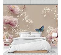 DLERFLOVR Papel Pintado Mariposa Floral Retro Fotomurales Estilo Tradicional Pegatinas de Hogar Beige Arte de Pared Decorativos Pared para Dormitorio Salón Pasillo Fondo de TV, 250x175cm