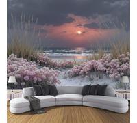 DLERFLOVR Papel Pintado Panorámico Dunas De Arena Cubiertas De Flores 300x210cm Fotomurales Atardecer Sobre El Mar XXL Papel Tapiz Seda Decoración De Pared para Comedores, Salones, Habitaciones, Gris