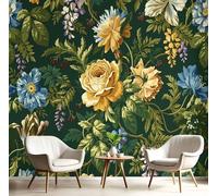 DLERFLOVR Papel Pintado Panorámico Floral Retro 200x140cm, Fotomurales Hojas Verdes De Rosa Papel Pared Seda Decorativos Pared para Salón Dormitorio Comedor, Verde Esmeralda