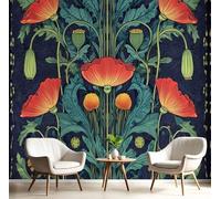 DLERFLOVR Papel Tapiz Art Nouveau Fotográfico Patrón De Flores De Amapola Fotomural Decoración De Pared Azul Oscuro Papel Pintado de Pared para Baño, Sala de Estar, Dormitorio, 300x210cm