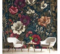 DLERFLOVR Papel Tapiz Era Victoriana Fotográfico Flores Silvestres Y Anémonas Fotomural Decoración De Pared Azul Oscuro Papel Pintado de Pared para Baño, Sala de Estar, Dormitorio, 300x210cm