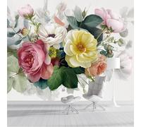 DLERFLOVR Papel Tapiz Fotográfico 250x175cm Acuarelas Florales Fondo De Pantalla XXL Ramo De Rosas Y Peonías Decoración De Pared Moderna para Sala Cuarto Oficina Salón, Verde