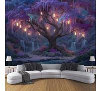 DLERFLOVR Papel Tapiz Fotográfico 3D Árboles Farolillos Y Cascadas - 300x210cm Papel Pintado Pared Bosque Encantado Panorámico de Seda Póster Gigante de Pared para Salón Dormitorio Comedor, Púrpura