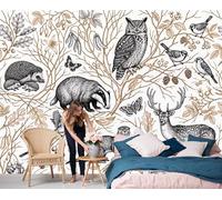 DLERFLOVR Papel Tapiz Fotográfico 3D Búhos, Erizos, Tejones 300x210cm Papel Pintado Panorámico Animales Del Bosque Retro Fondo De Pantalla XXL Decoración De Pared para Sala Cuarto Oficina, Marrón