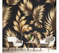 DLERFLOVR Papel Tapiz Fotográfico 3D Hojas Tropicales - 150x105cm Papel Pintado Pared Helechos Panorámico de Seda Póster Gigante de Pared para Salón Dormitorio Comedor, Oro